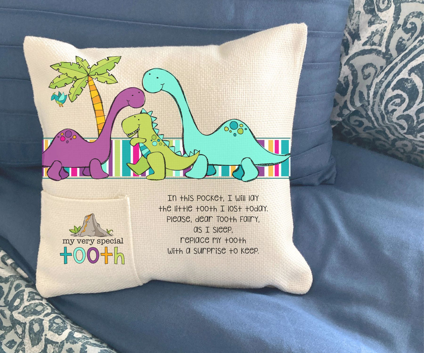 Dino Trio Tooth Fairy Pocket pillow