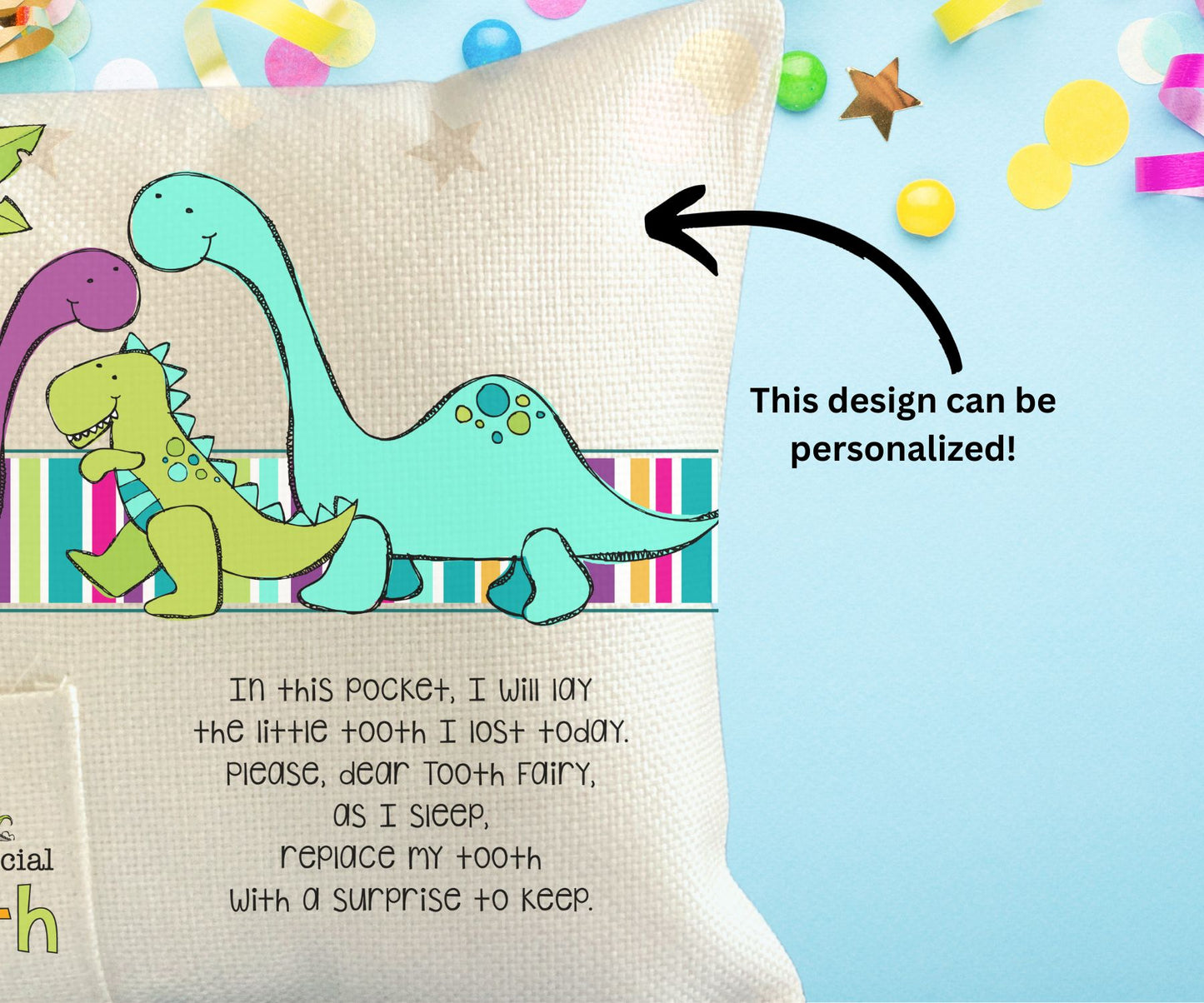 Dino Trio Tooth Fairy Pocket pillow